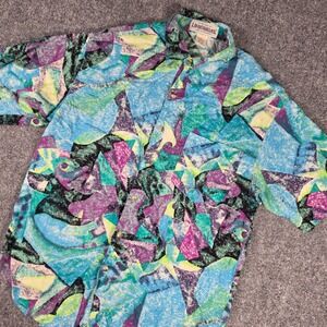 Vtg Unionbay Button Down Mens S Teal Abstract‎ Geometric 90s Rayon Shirt